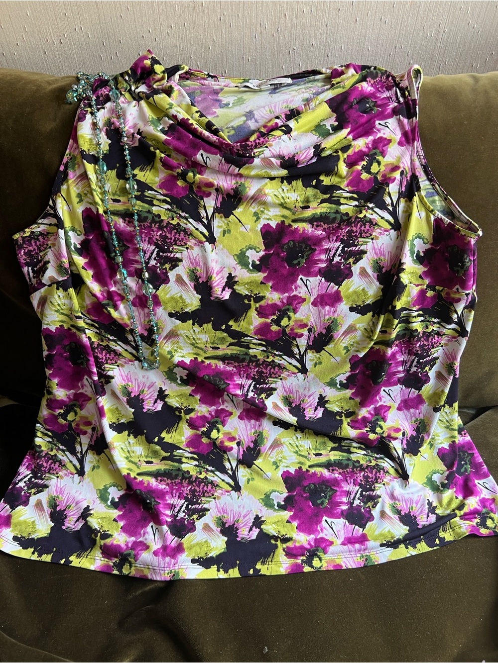 Jones Studio Floral Sleeveless Cowl Neck Tank/Blouse in Fuchsia, Lime and Black